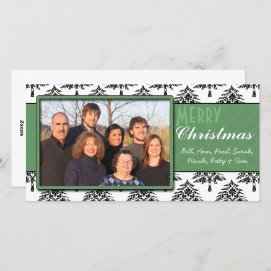 Black Pines Damask Green Trim Merry Kerstmis Feestdagenkaart (Voorkant / Achterkant)