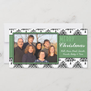 Black Pines Damask Green Trim Merry Kerstmis Feestdagenkaart