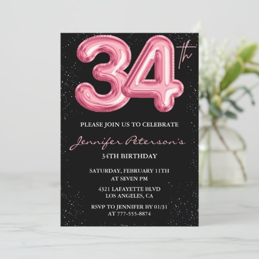 Black Pink 34e verjaardag uitnodigingen Balloon Gl (Staand voorkant)