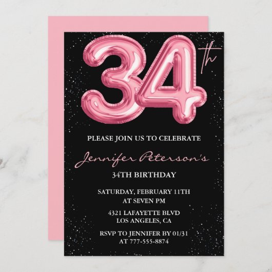 Black Pink 34e verjaardag uitnodigingen Balloon Gl (Voorkant / Achterkant)