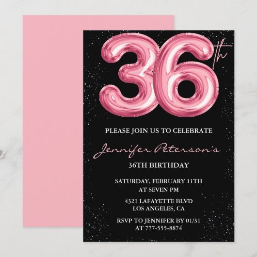 Black Pink 36e verjaardag uitnodigingen Balloon Gl (Voorkant / Achterkant)