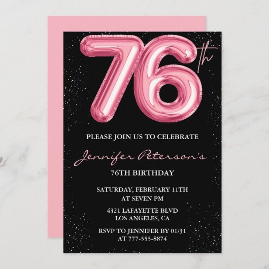 Black Pink 76e verjaardag uitnodigingen Balloon Gl (Voorkant / Achterkant)