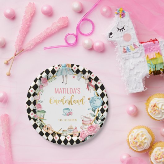 Black Pink Alice in Wonderland 1e verjaardagsfeest Papieren Bordje (Feest)