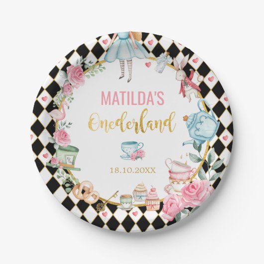 Black Pink Alice in Wonderland 1e verjaardagsfeest Papieren Bordje (Voorkant)