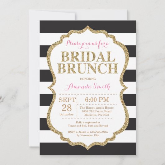 Black Pink and Gold Bridal Brunch Invitation Kaart (Voorkant)