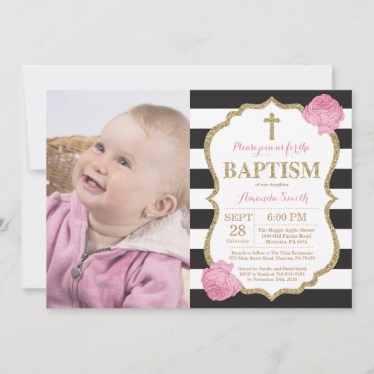 Black Pink and Gold Glitter Baptism Invitation Kaart (Voorkant)