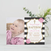 Black Pink and Gold Glitter Baptism Invitation Kaart (Staand voorkant)