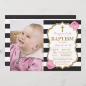 Black Pink and Gold Glitter Baptism Invitation Kaart (Voorkant / Achterkant)
