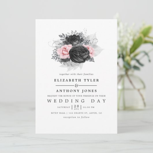 Black Pink and Silver  Rozen Wedding Kaart (Staand voorkant)