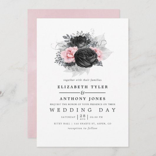 Black Pink and Silver Rozen Wedding Kaart (Voorkant / Achterkant)