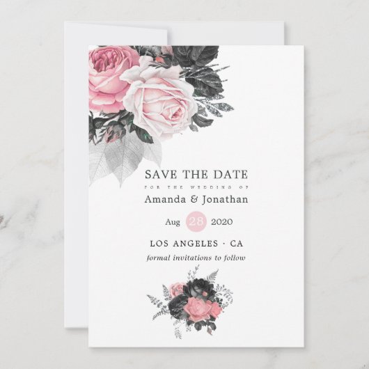 Black Pink and Silver Rozen Wedding Save The Date (Voorkant)