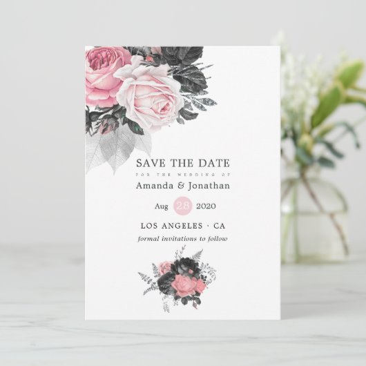 Black Pink and Silver  Rozen Wedding Save The Date (Staand voorkant)