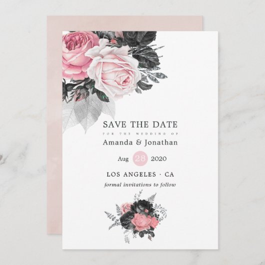 Black Pink and Silver Rozen Wedding Save The Date (Voorkant / Achterkant)