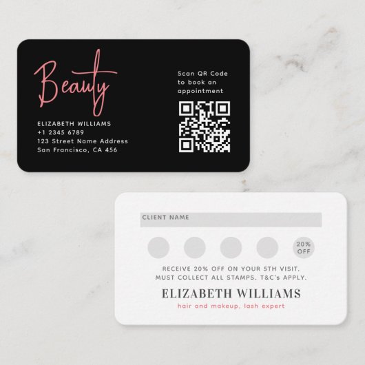 Black Pink Beauty Professional QR Code Loyalty Visitekaartje (Voorkant / Achterkant)