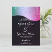 Black Pink Blauwgroen gradiënt Floral Damask Weddi Kaart (Staand voorkant)