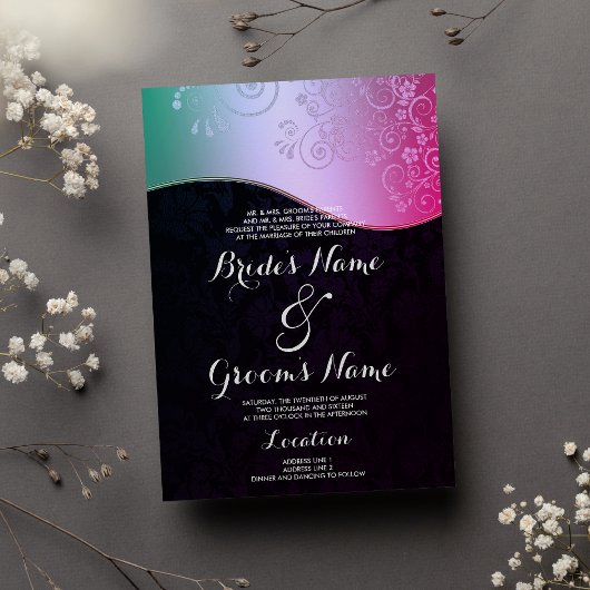 Black Pink Blauwgroen gradiënt Floral Damask Weddi Kaart