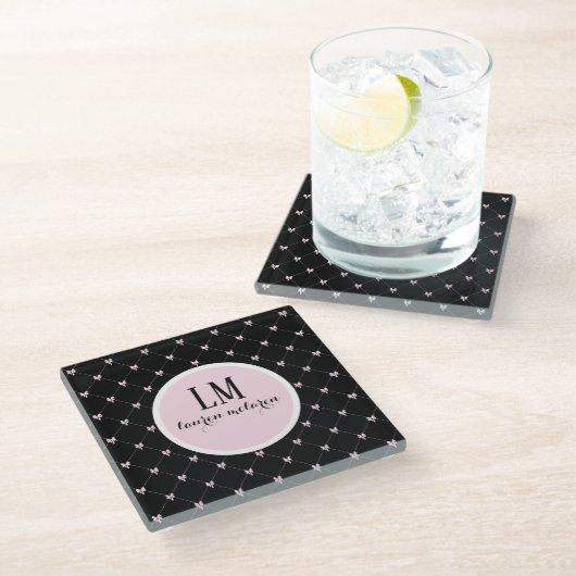 Black & Pink Bow Monogram Glazen Onderzetter (Schuin)