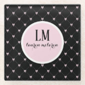 Black & Pink Bow Monogram Glazen Onderzetter (Voorkant)
