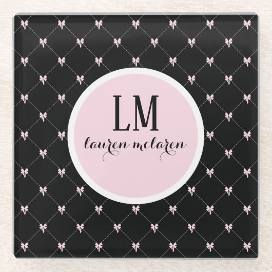 Black & Pink Bow Monogram Glazen Onderzetter (Voorkant)