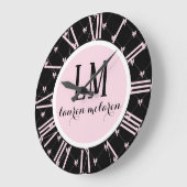 Black & Pink Bow Monogram Grote Klok (Hoek)