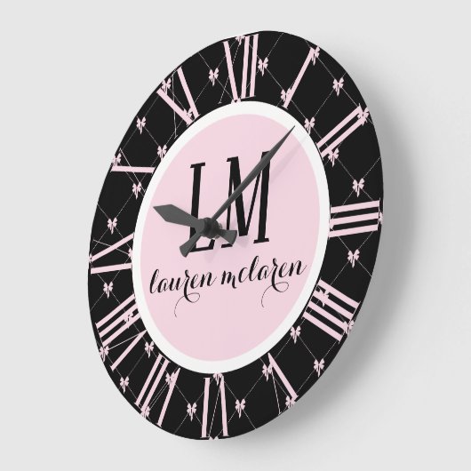 Black & Pink Bow Monogram Grote Klok (Hoek)