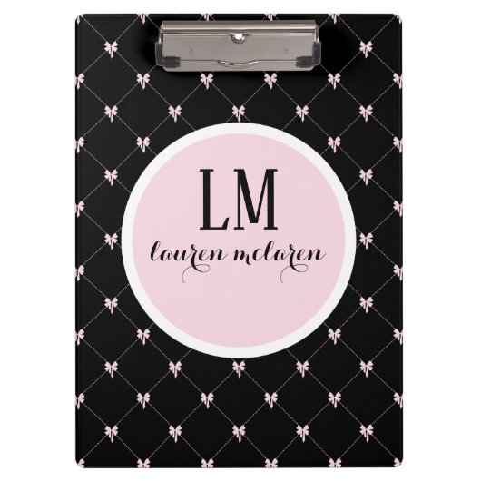 Black & Pink Bow Monogram Klembord (Voorkant)
