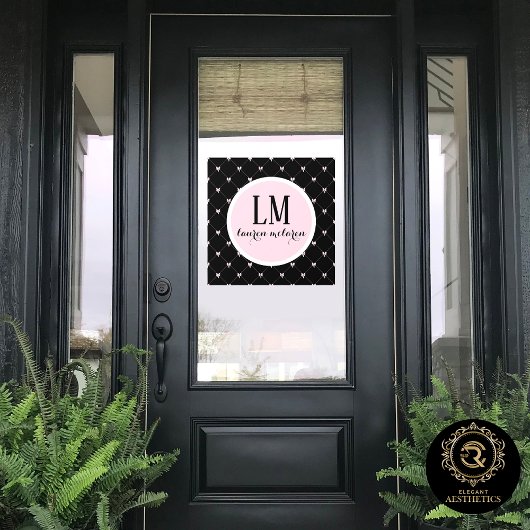Black & Pink Bow Monogram Raamsticker