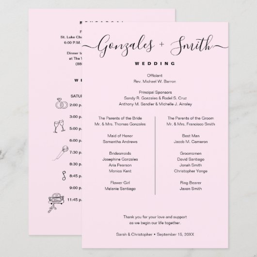 Black Pink bridal party Wedding Timeline list (Voorkant / Achterkant)