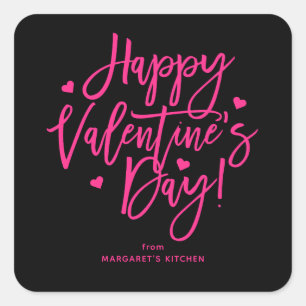 Black Pink Calligrafie Gelukkige Valentijnsdag Vierkante Sticker