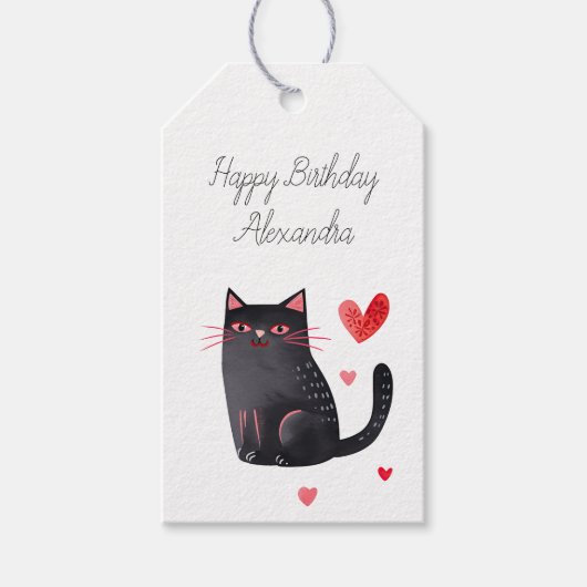 Black Pink Cat Hearts Verjaardag Cadeaulabel (Voorkant)