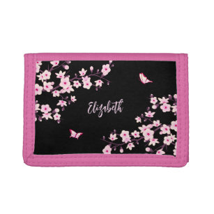 Black Pink Cherry Blossom Monogram drievoudig Wall Drievoud Portemonnee
