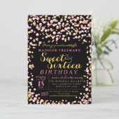 Black Pink Confetti Gold Foil Sweet 16 Party Kaart (Staand voorkant)