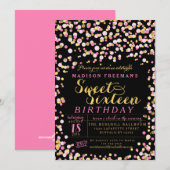 Black Pink Confetti Gold Foil Sweet 16 Party Kaart (Voorkant / Achterkant)