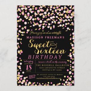 Black Pink Confetti Gold Foil Sweet 16 Party Kaart