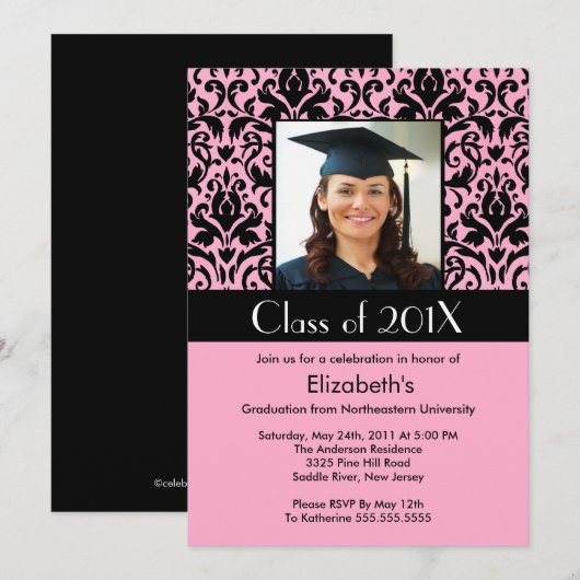 Black Pink Damask Afstuderen Invitation Foto Kaart