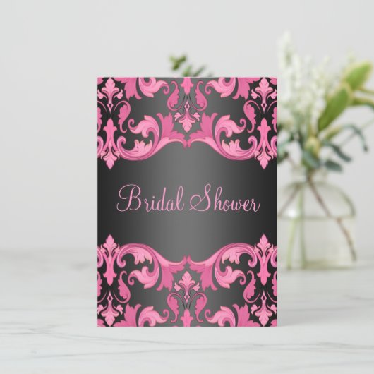 Black/Pink Damask Bruids Douche Uitnodiging (Staand voorkant)