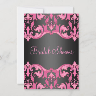 Black/Pink Damask Bruids Douche Uitnodiging