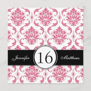 Black Pink Damask Sweet Sixteen-uitnodigingen Kaart