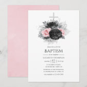 Black Pink en Silver  Rozen Baptisme Kaart (Voorkant / Achterkant)