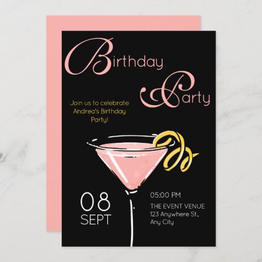Black pink fancy cocktail birthday kaart (Voorkant / Achterkant)