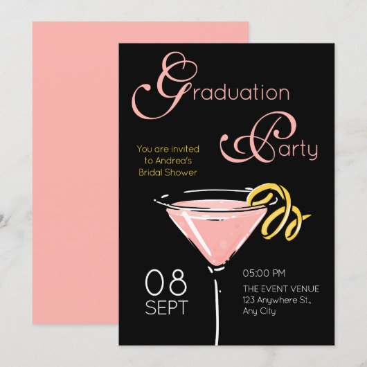 Black pink fancy cocktail graduation kaart (Voorkant / Achterkant)