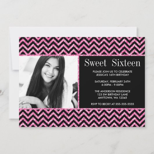 Black Pink Faux Glitter Chevron Sweet 16 Foto Kaart (Voorkant)