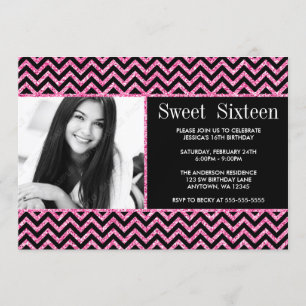 Black Pink Faux Glitter Chevron Sweet 16 Foto Kaart