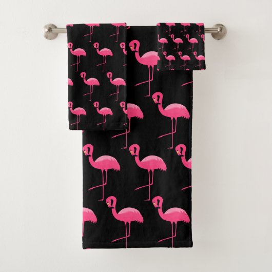 BLACK PINK FLAMINGO BRIGHT BATHROOM TOWEL SET BAD HANDDOEK (Insitu)