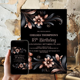 Black Pink Floral 18th Birthday Party Kaart