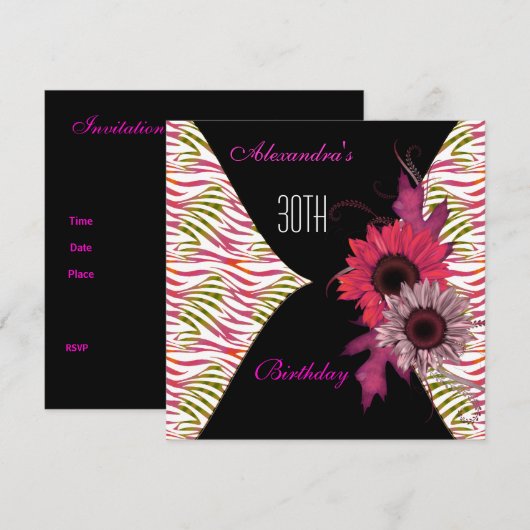 Black Pink Floral 30th Birthday Party Invitation Kaart (Voorkant / Achterkant)
