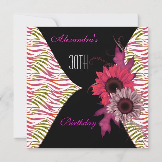 Black Pink Floral 30th Birthday Party Invitation Kaart (Voorkant)