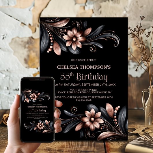Black Pink Floral 55th Birthday Party Kaart