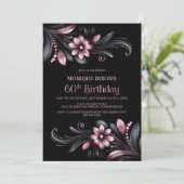 Black Pink Floral 60th Birthday Party Kaart (Staand voorkant)
