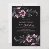 Black Pink Floral 75th Birthday Party Kaart (Voorkant)